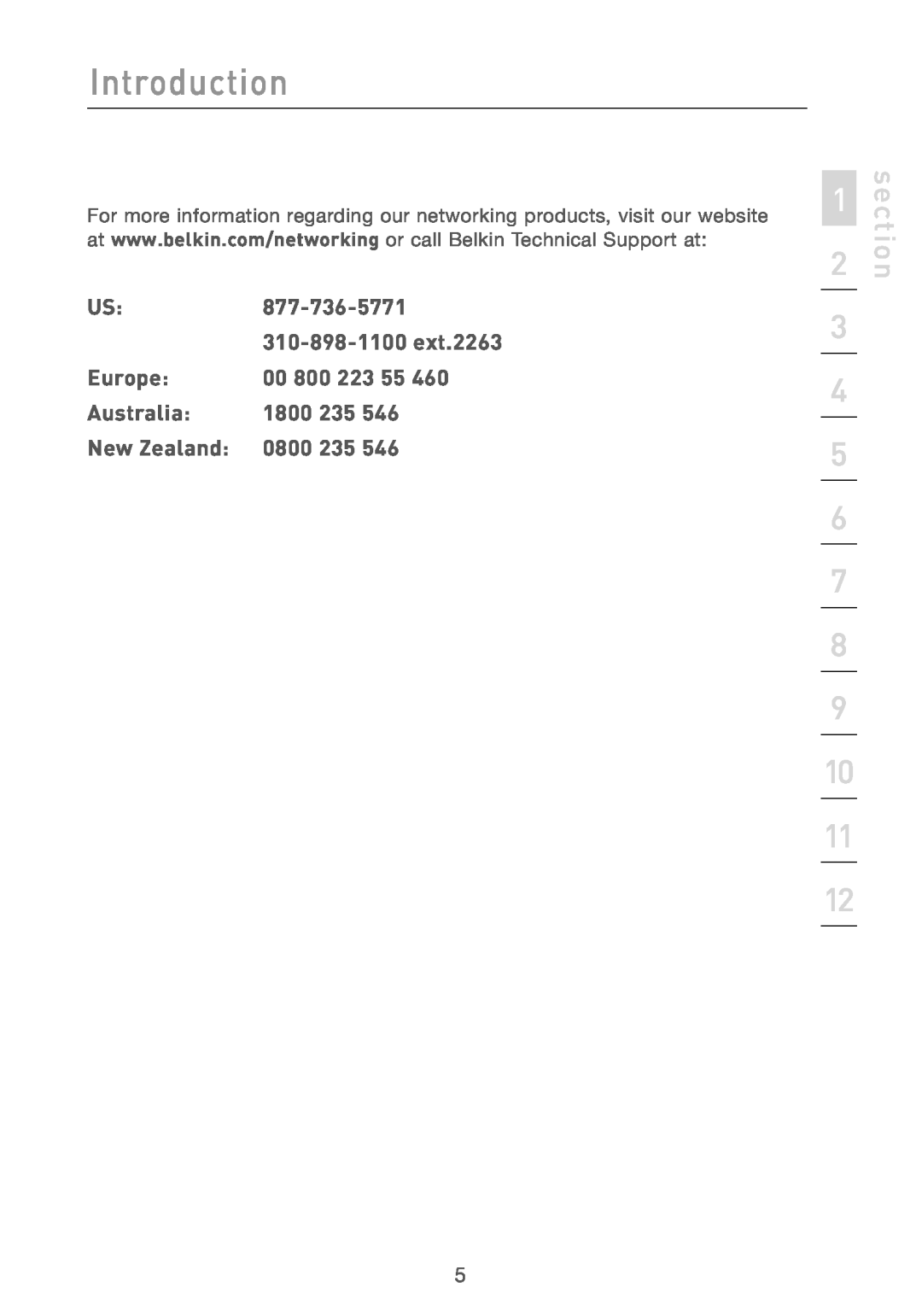 Belkin F5D7230AU4P user manual Europe, 00 800 223 55, Australia, 1800 235, New Zealand, 0800 235, Introduction, section 