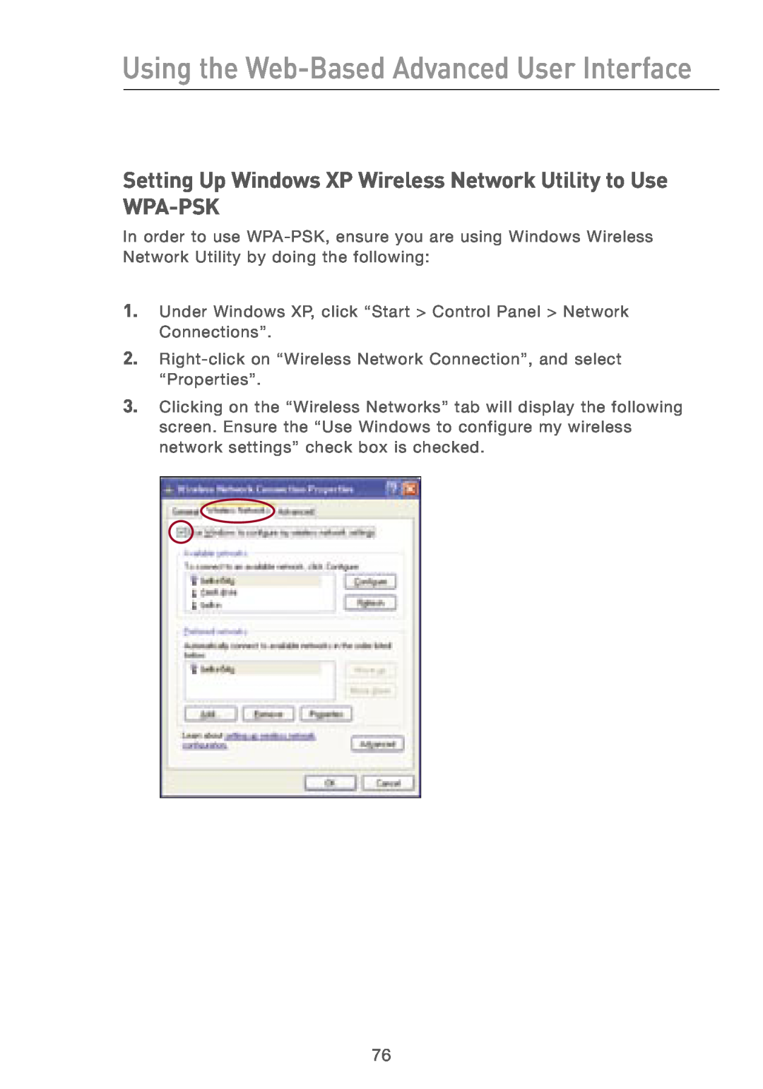 Belkin F5D7230AU4P user manual Setting Up Windows XP Wireless Network Utility to Use WPA-PSK 