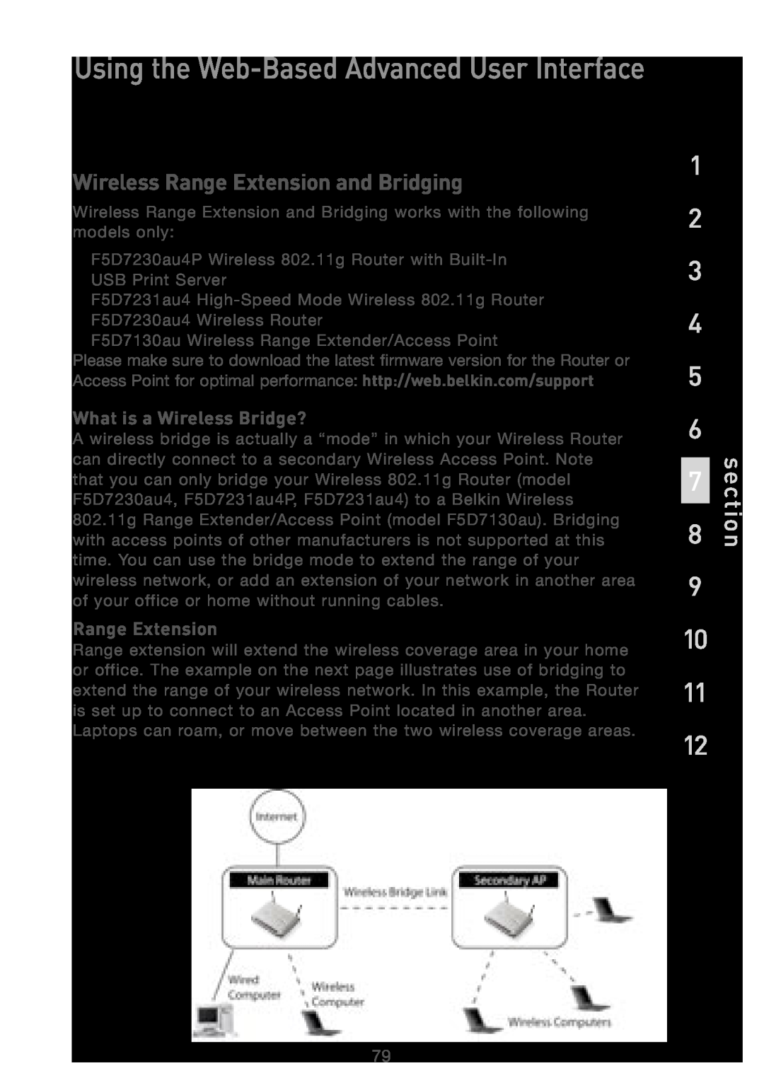 Belkin F5D7230AU4P user manual Wireless Range Extension and Bridging, What is a Wireless Bridge?, section 