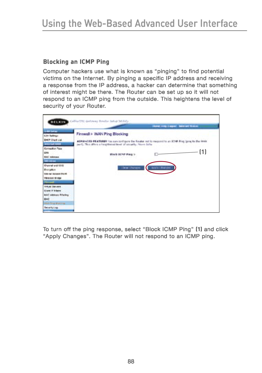 Belkin F5D7230AU4P user manual Blocking an ICMP Ping, Using the Web-Based Advanced User Interface 