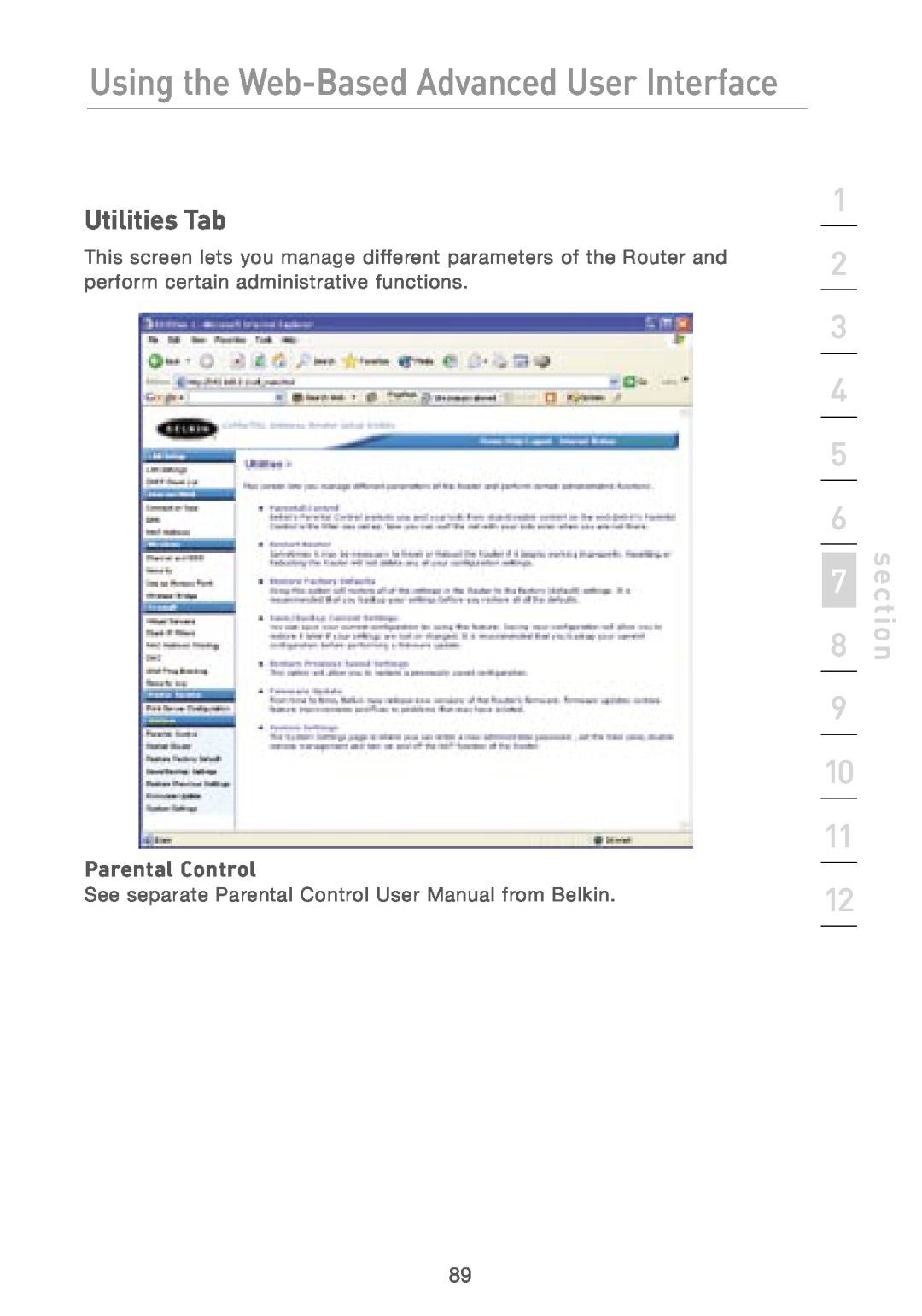 Belkin F5D7230AU4P user manual Utilities Tab, Parental Control, Using the Web-Based Advanced User Interface, section 