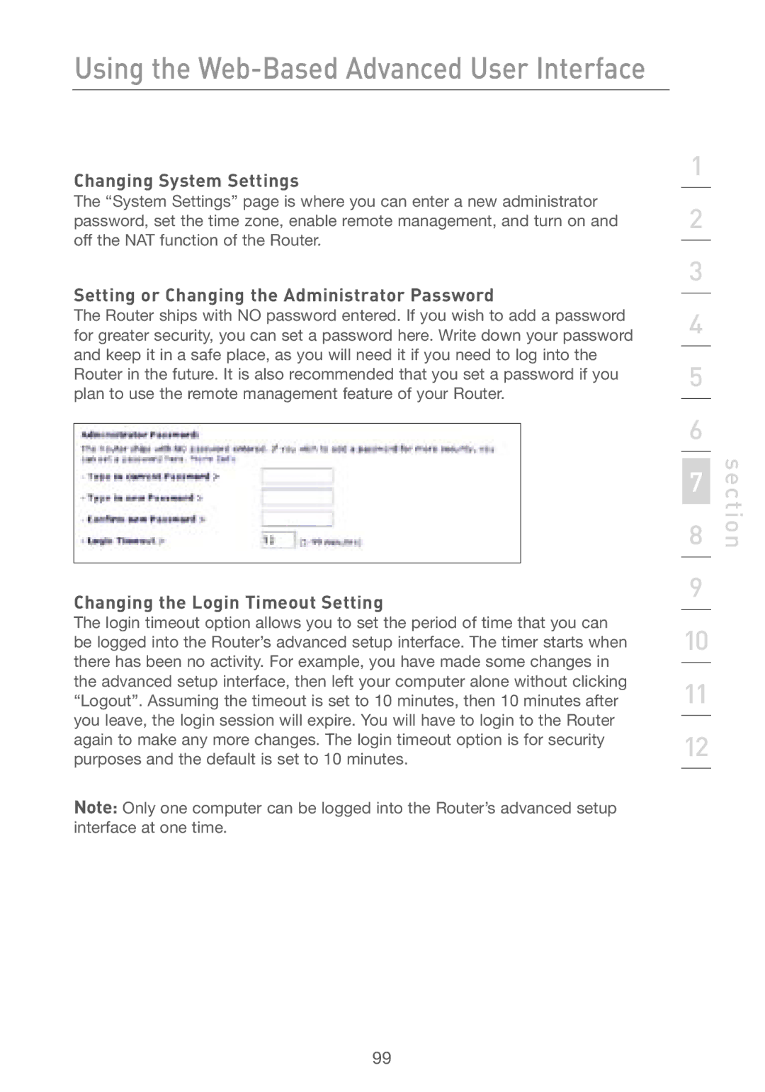 Belkin F5D7230AU4P user manual Changing System Settings, Setting or Changing the Administrator Password 