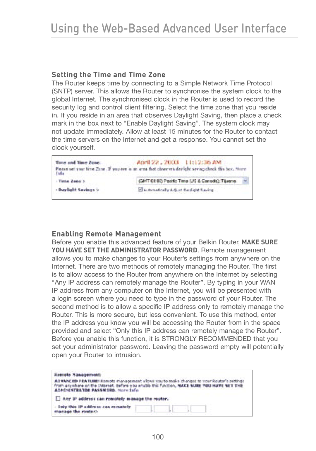 Belkin F5D7230AU4P user manual Setting the Time and Time Zone, Enabling Remote Management 