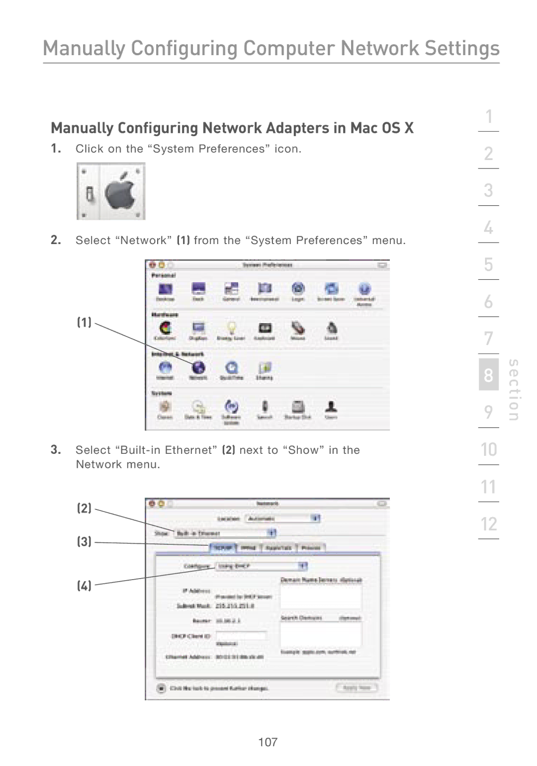 Belkin F5D7230AU4P user manual Manually Configuring Network Adapters in Mac OS 