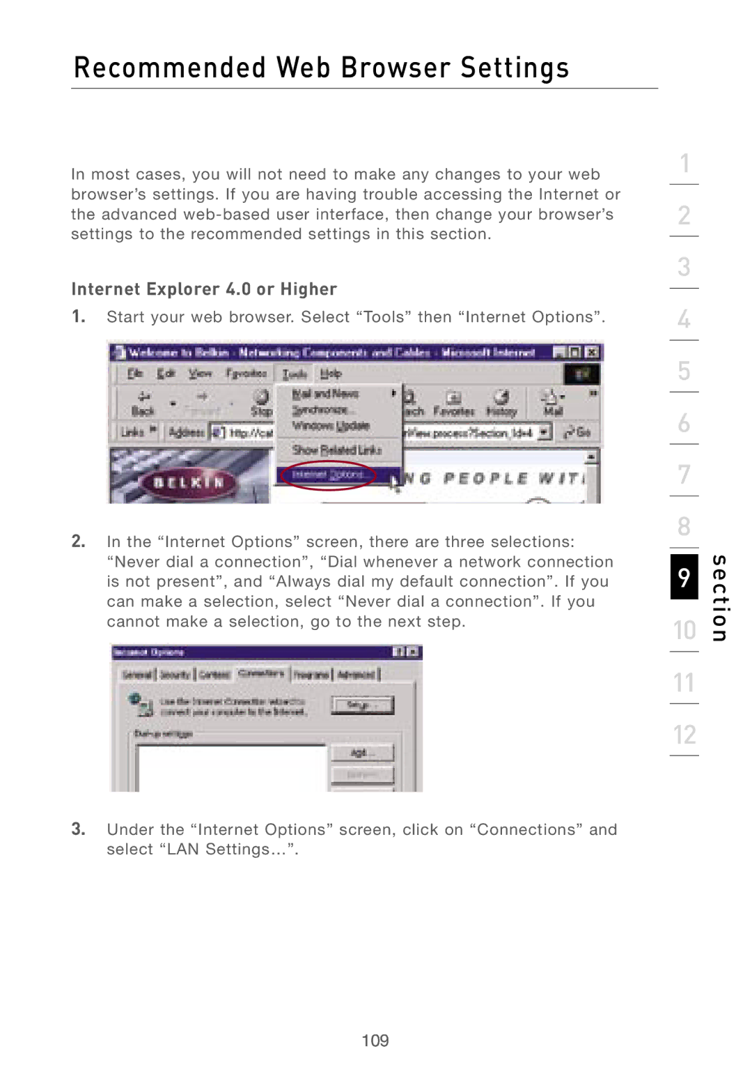 Belkin F5D7230AU4P user manual Recommended Web Browser Settings, Internet Explorer 4.0 or Higher 