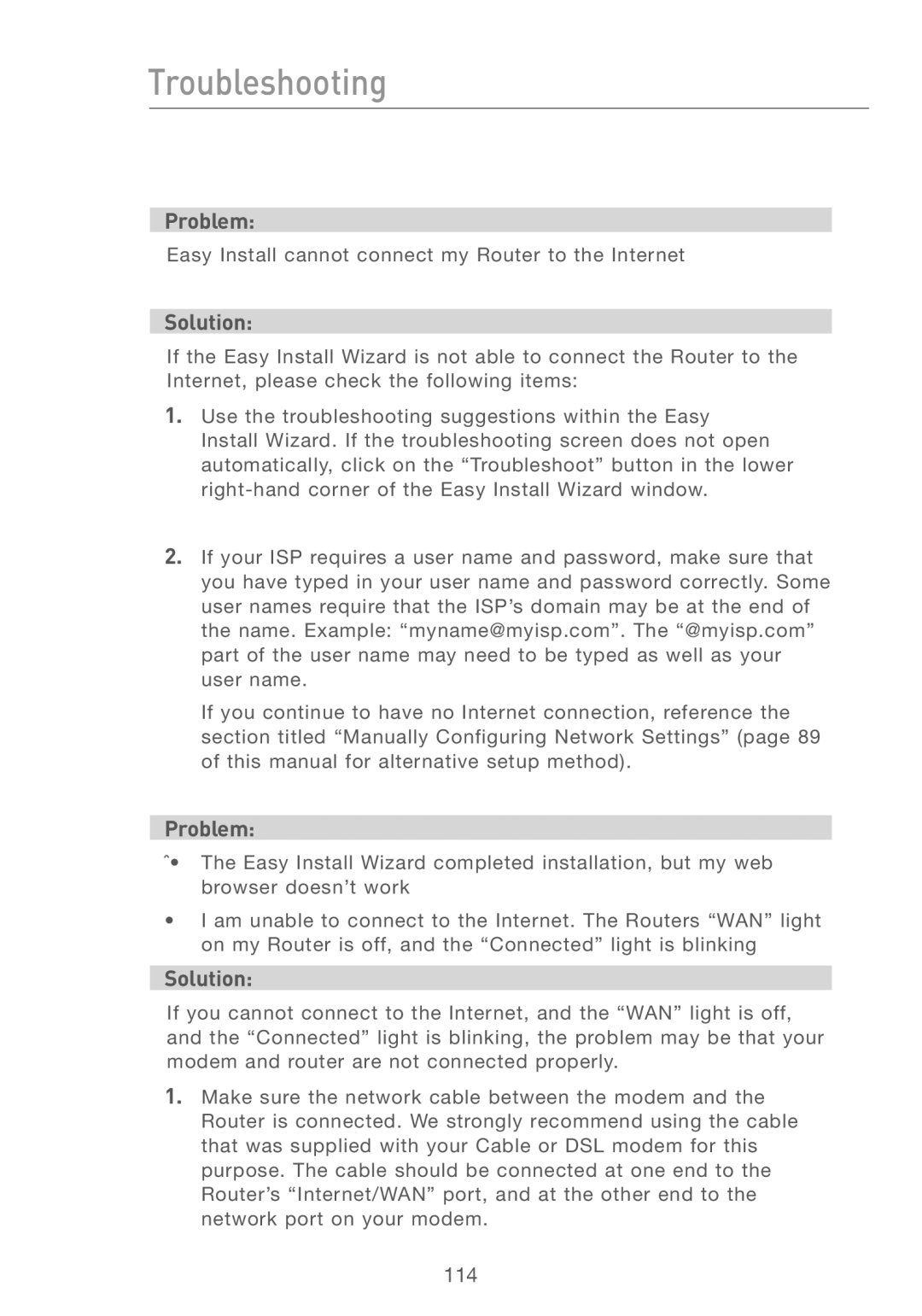 Belkin F5D7230AU4P user manual Troubleshooting 