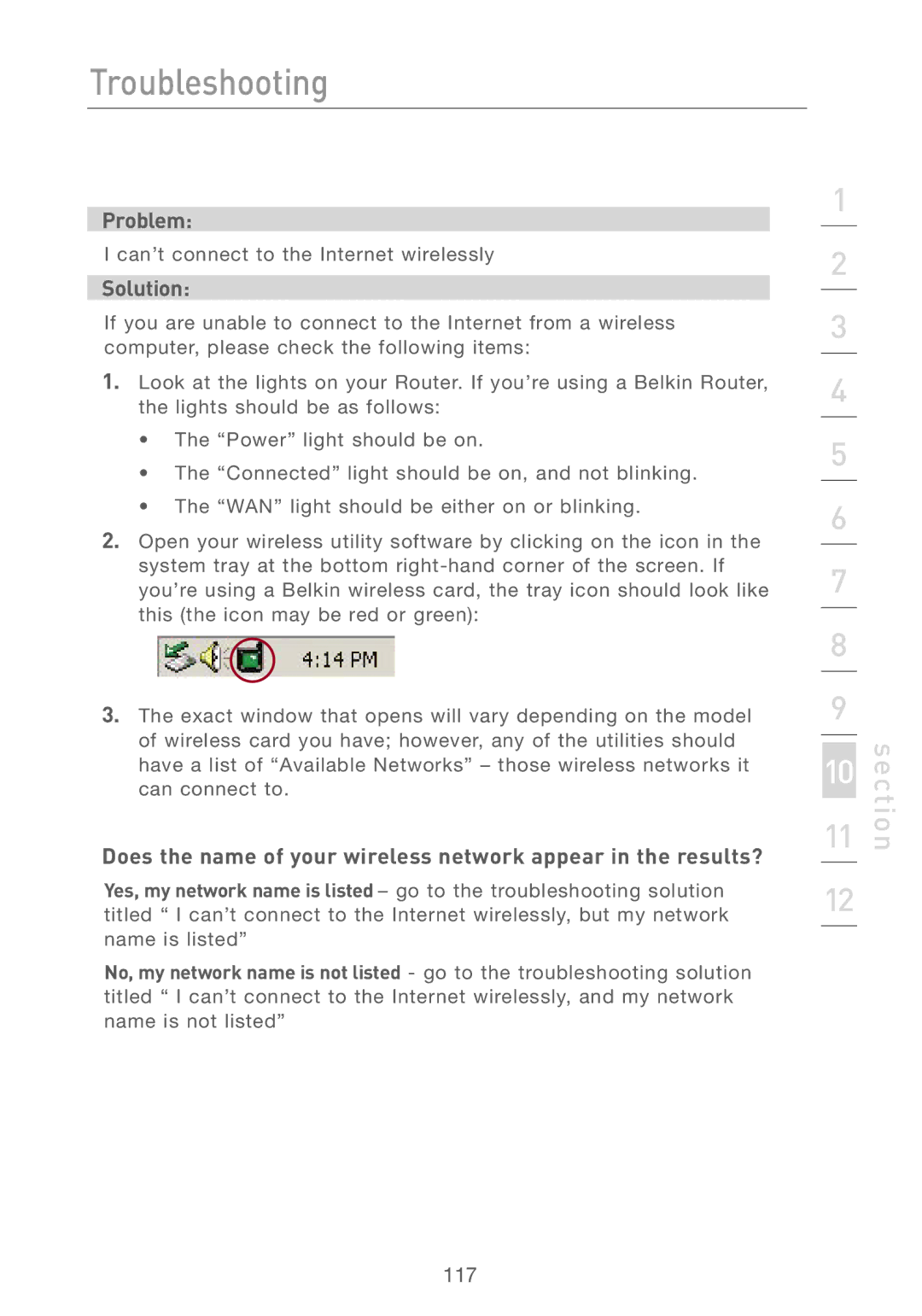 Belkin F5D7230AU4P user manual Can’t connect to the Internet wirelessly 