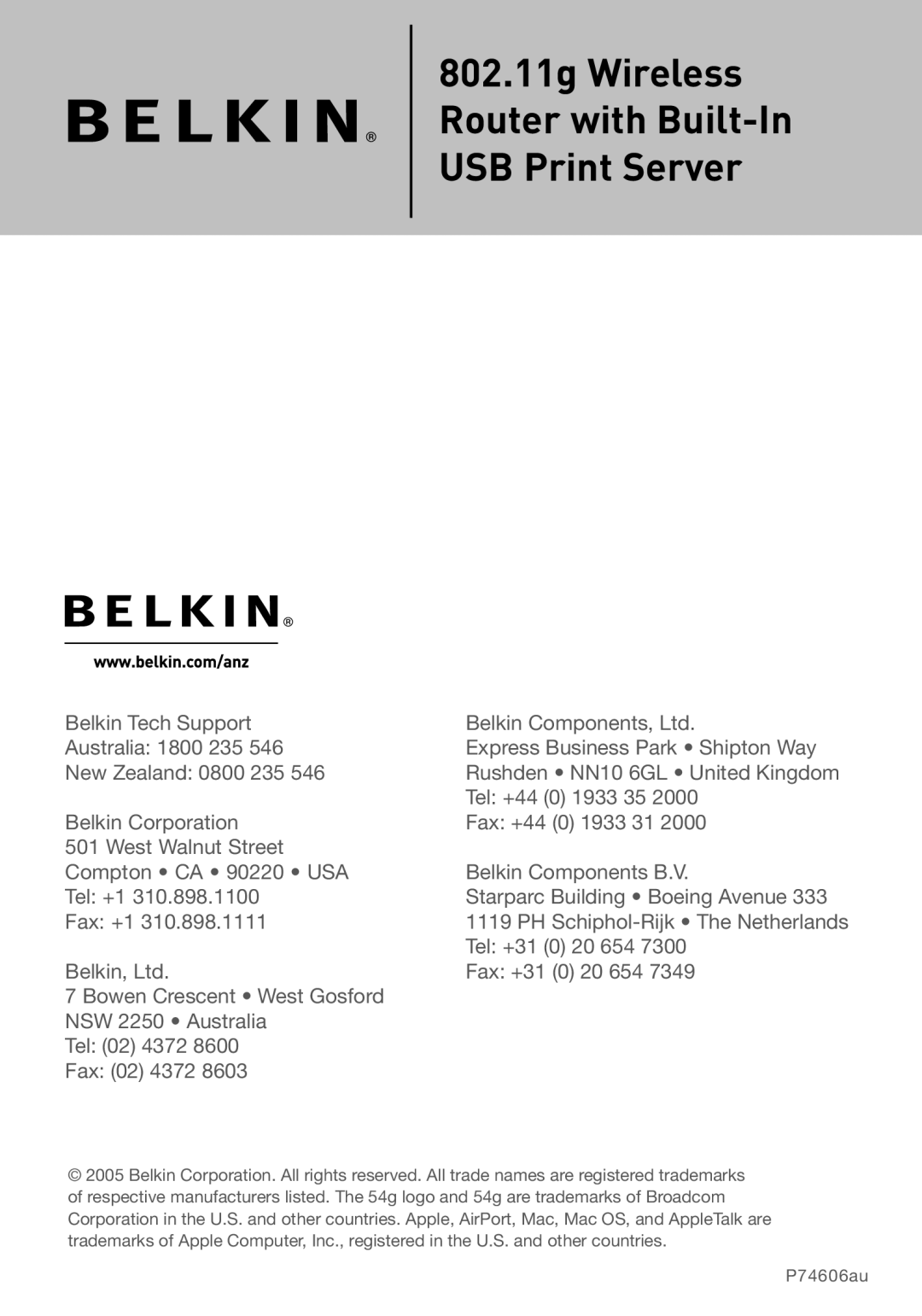 Belkin F5D7230AU4P user manual 802.11g Wireless Router with Built-In USB Print Server 