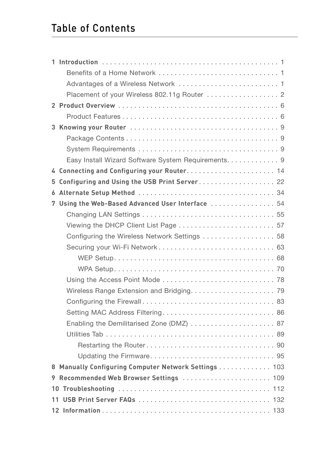 Belkin F5D7230AU4P user manual Table of Contents 