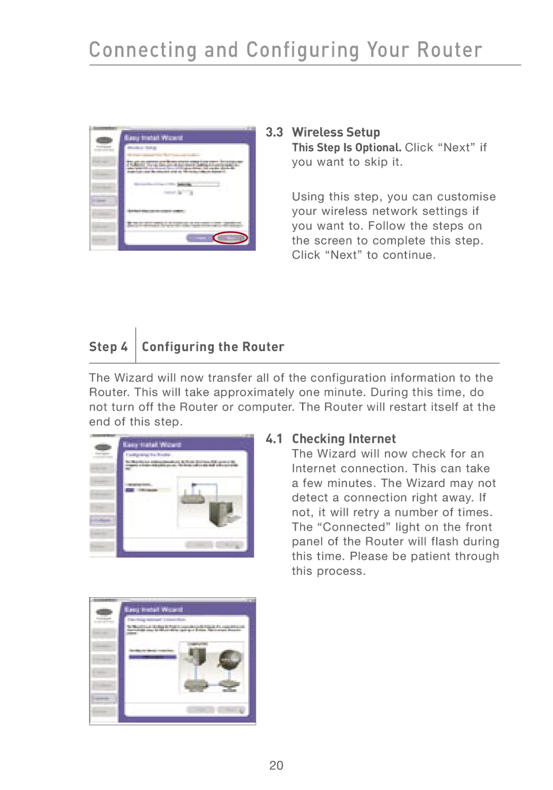 Belkin F5D7230AU4P user manual Wireless Setup, Configuring the Router, Checking Internet 