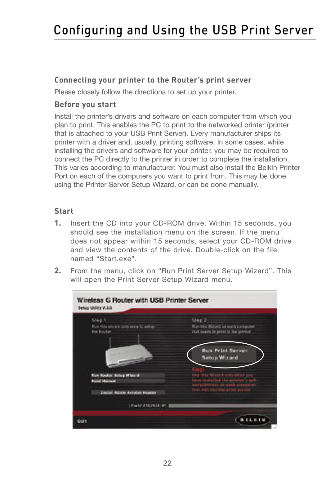 Belkin F5D7230AU4P Configuring and Using the USB Print Server, Connecting your printer to the Router’s print server, Start 