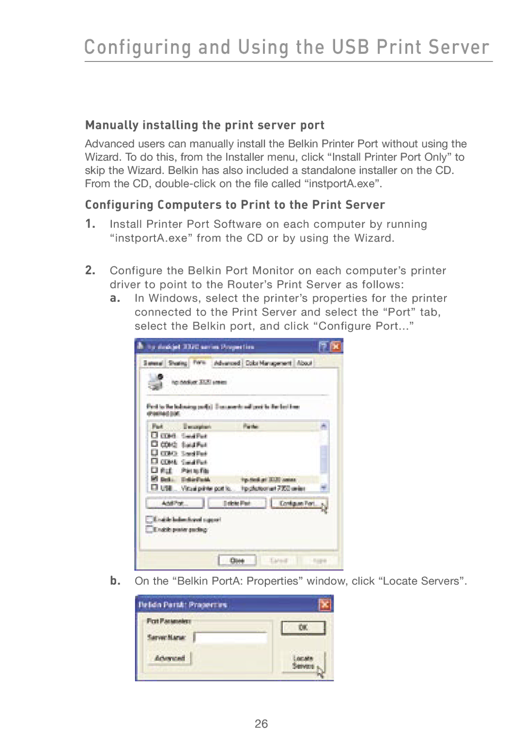 Belkin F5D7230AU4P Manually installing the print server port, Configuring Computers to Print to the Print Server 