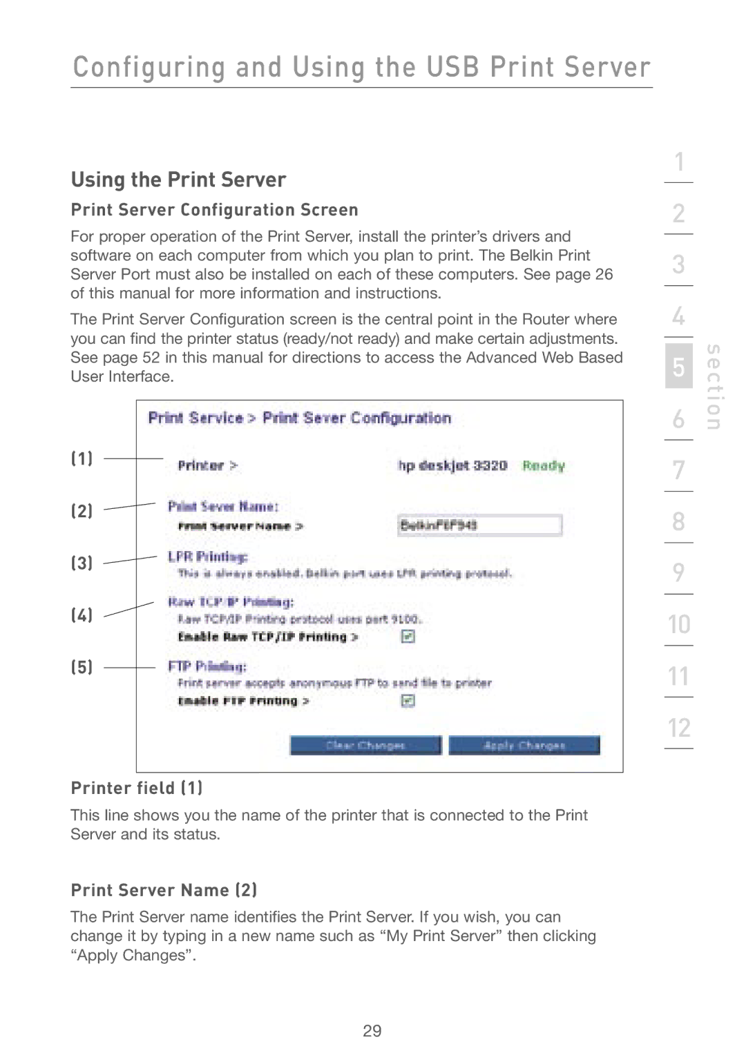 Belkin F5D7230AU4P user manual Print Server Configuration Screen, Printer field, Print Server Name 