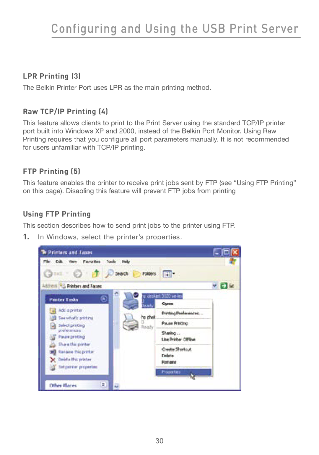 Belkin F5D7230AU4P user manual LPR Printing, Raw TCP/IP Printing, Using FTP Printing 