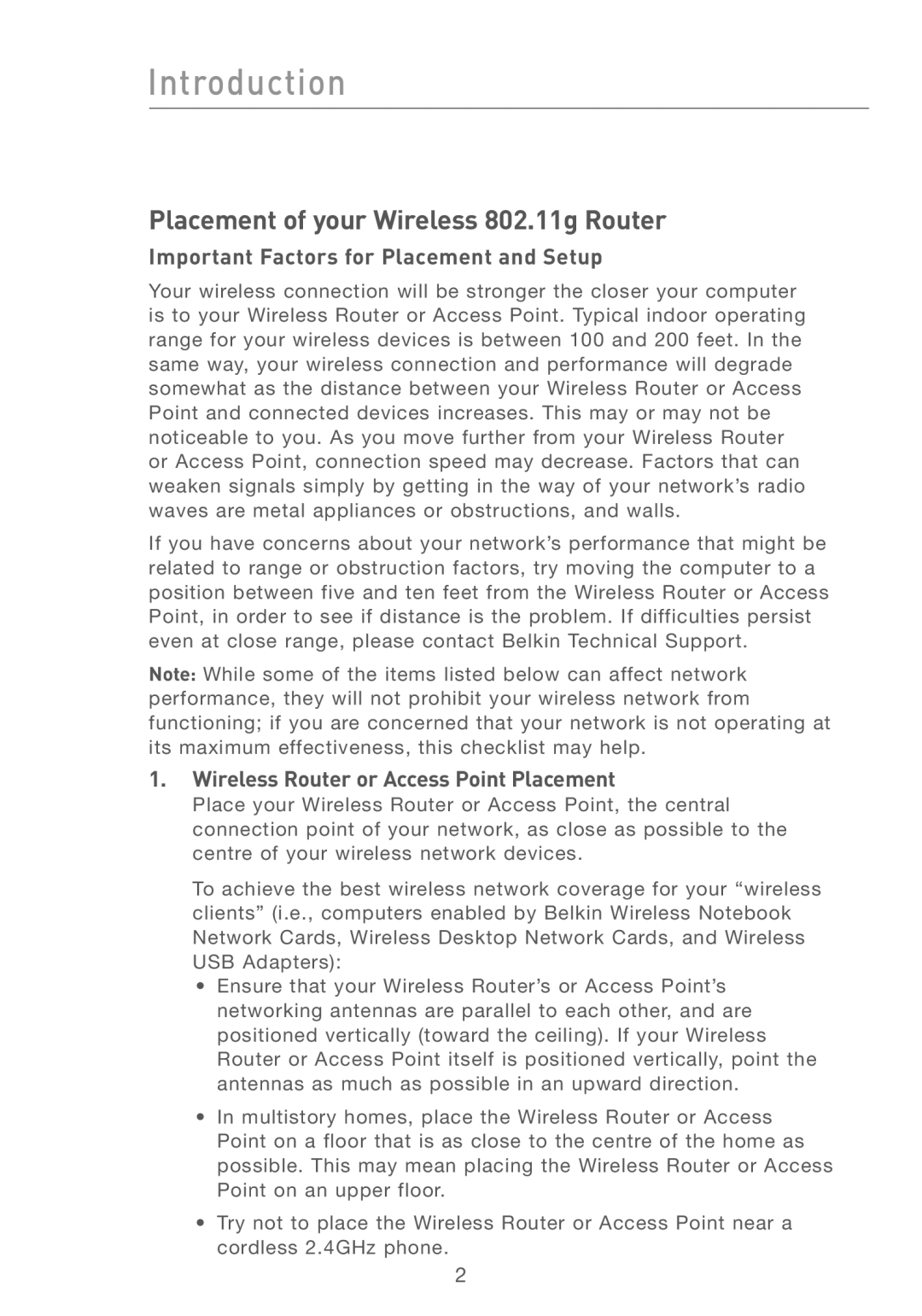 Belkin F5D7230AU4P user manual Important Factors for Placement and Setup, Wireless Router or Access Point Placement 