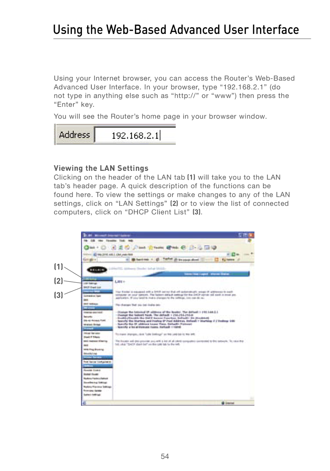 Belkin F5D7230AU4P user manual Using the Web-Based Advanced User Interface, Viewing the LAN Settings 