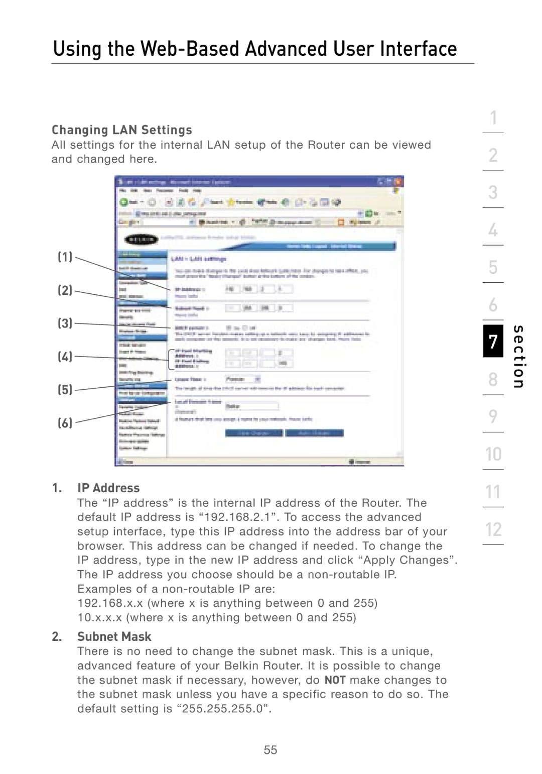 Belkin F5D7230AU4P user manual Using the Web-Based Advanced User Interface, Changing LAN Settings 