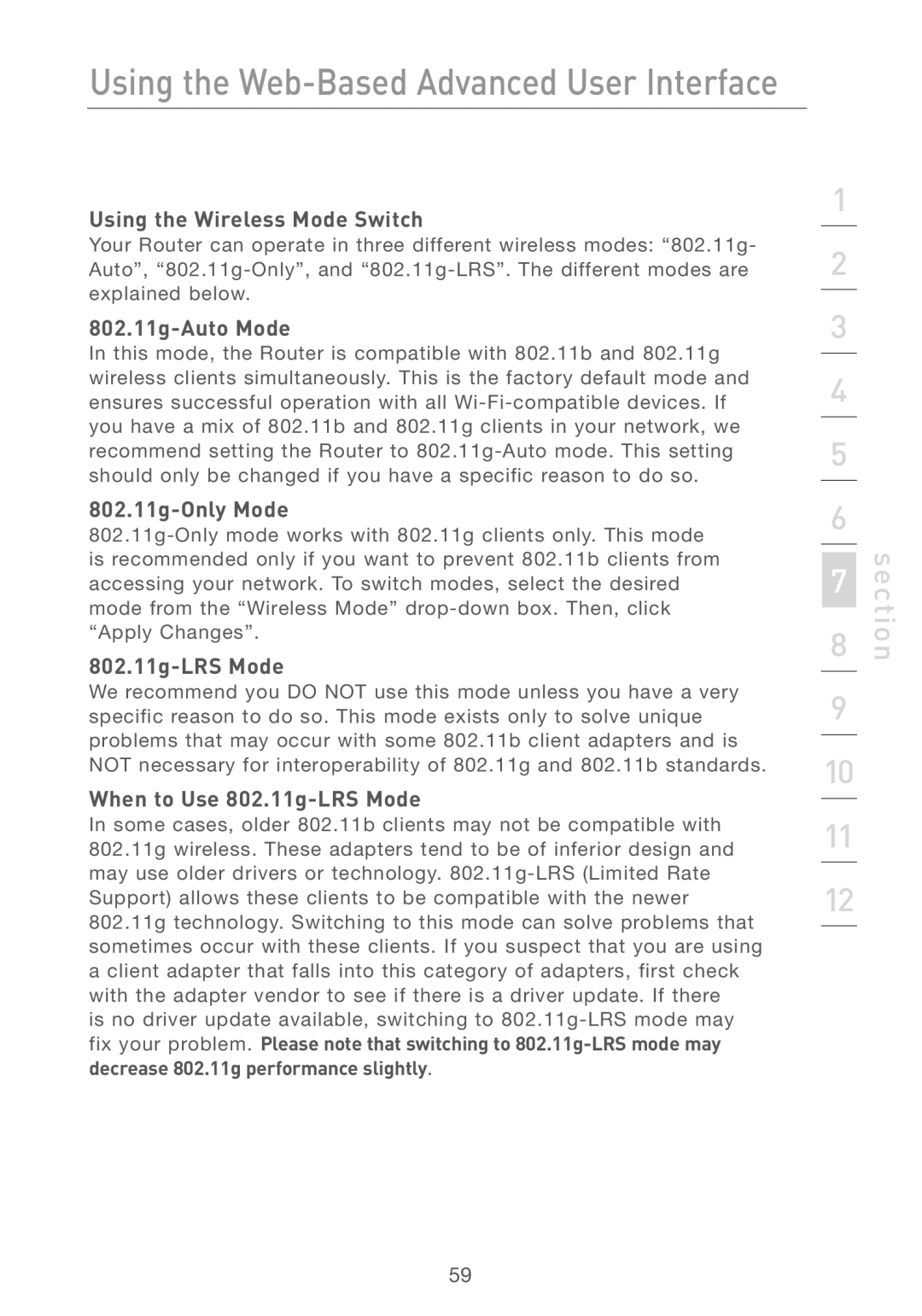 Belkin F5D7230AU4P user manual Using the Wireless Mode Switch, 802.11g-Auto Mode, 802.11g-Only Mode, 802.11g-LRS Mode 