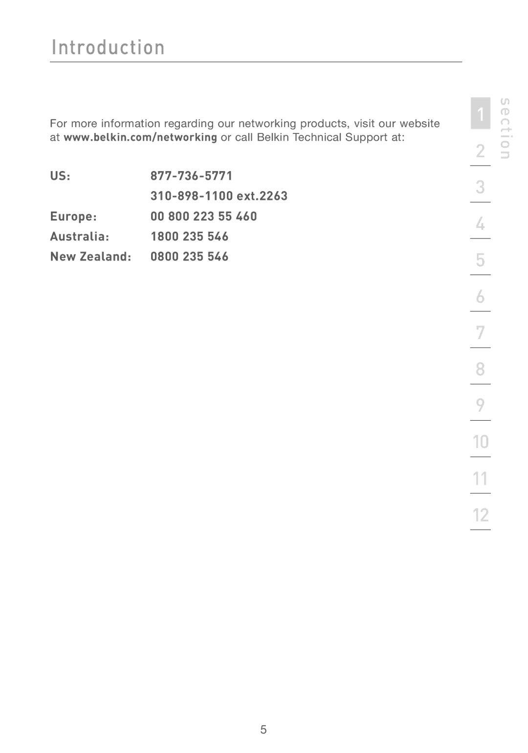 Belkin F5D7230AU4P user manual Europe 00 800 223 55 Australia 1800 235 New Zealand 0800 235 