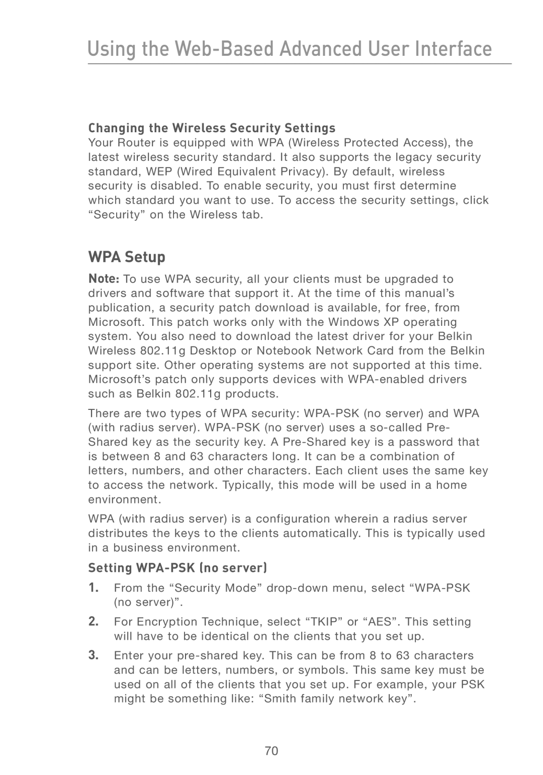 Belkin F5D7230AU4P user manual Changing the Wireless Security Settings, Setting WPA-PSK no server 