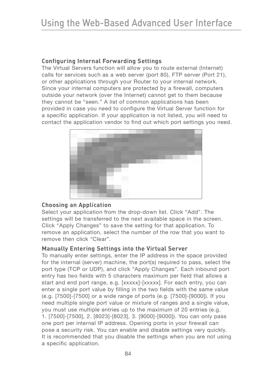 Belkin F5D7230AU4P user manual Configuring Internal Forwarding Settings, Choosing an Application 