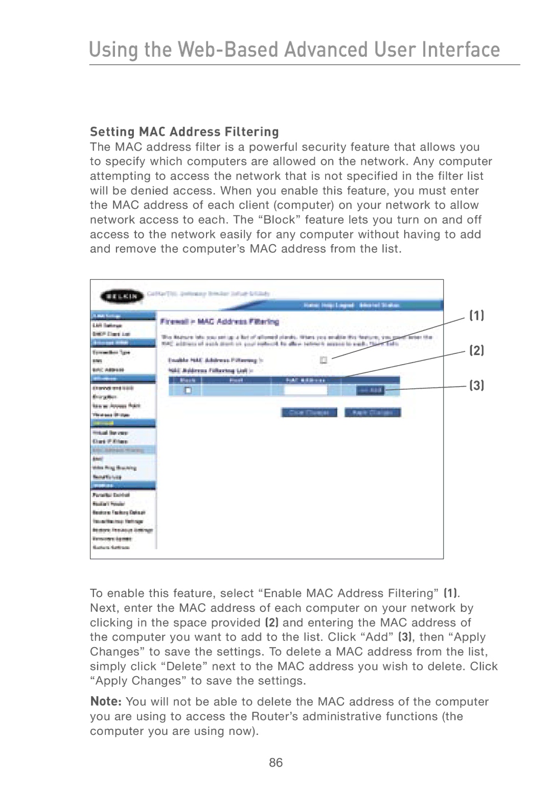 Belkin F5D7230AU4P user manual Setting MAC Address Filtering 