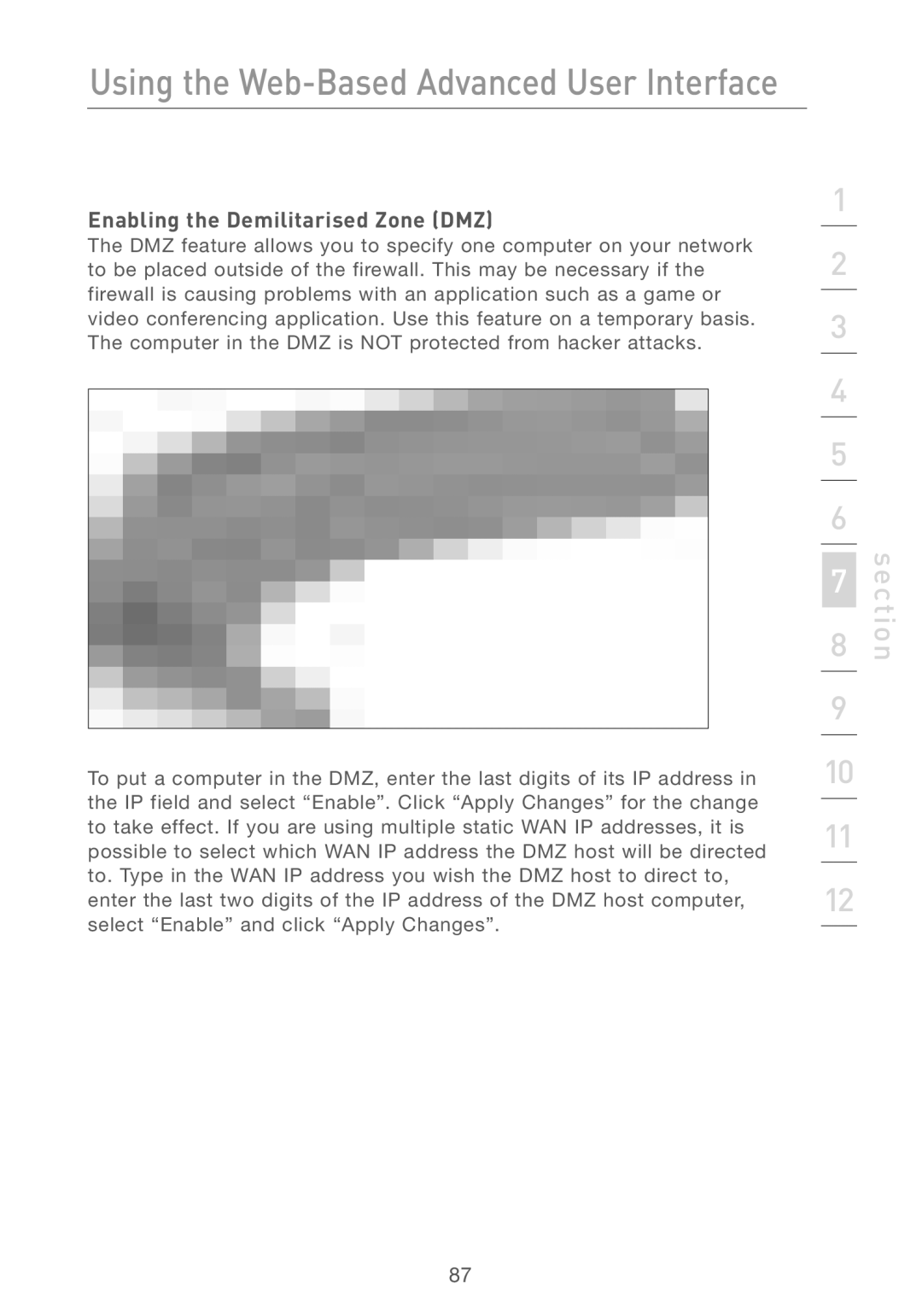 Belkin F5D7230AU4P user manual Enabling the Demilitarised Zone DMZ 