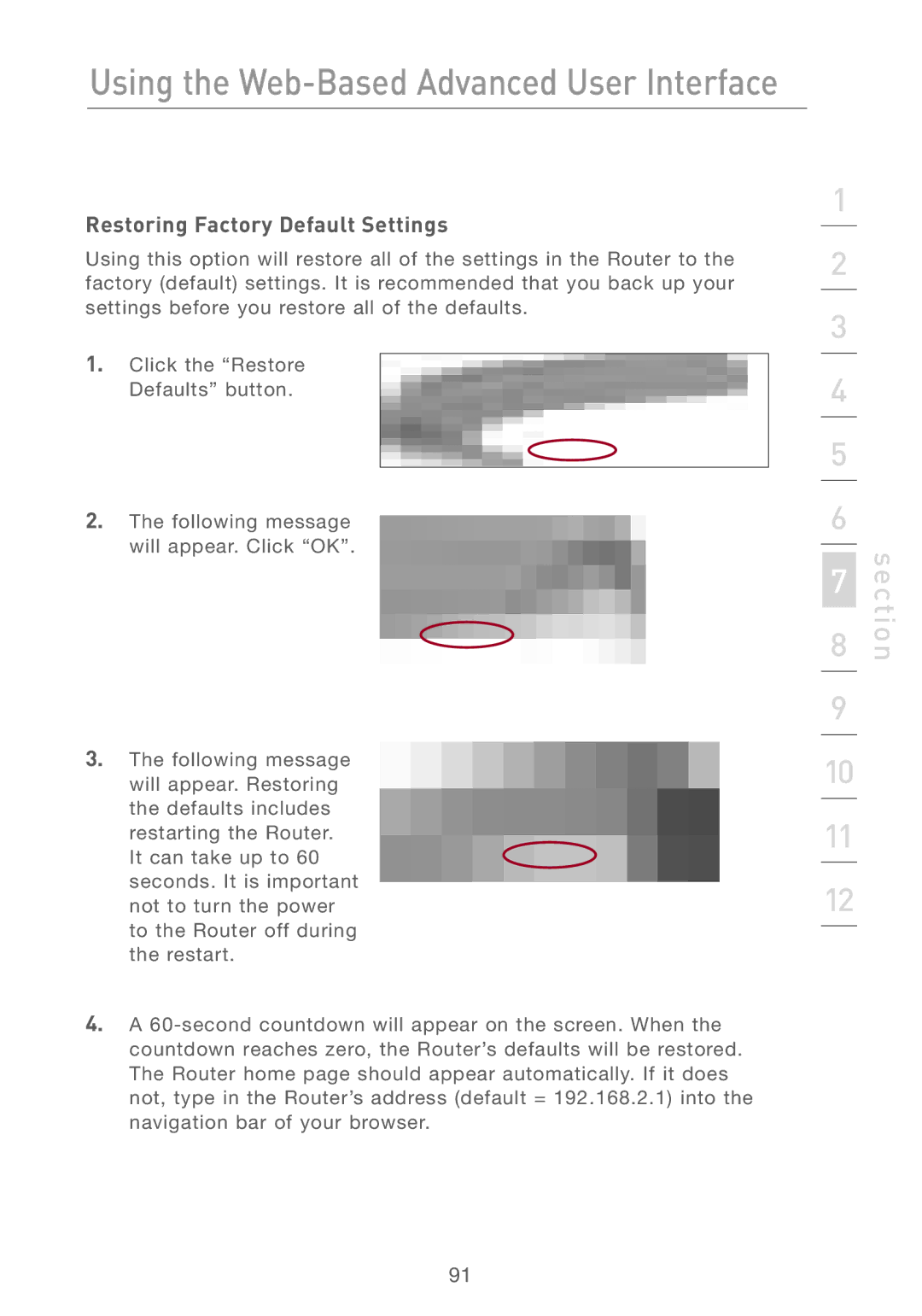 Belkin F5D7230AU4P user manual Restoring Factory Default Settings 