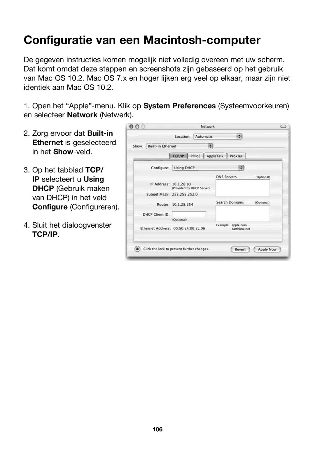 Belkin F5D7230ea4-E, P74847ea-A user manual Configuratie van een Macintosh-computer 