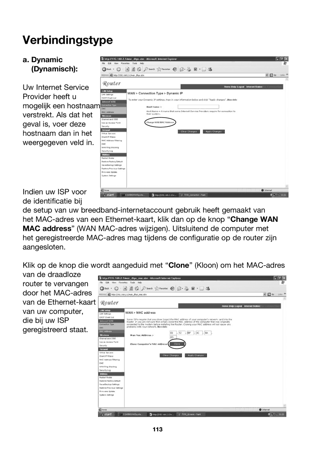 Belkin P74847ea-A, F5D7230ea4-E user manual Verbindingstype, Dynamic Dynamisch 