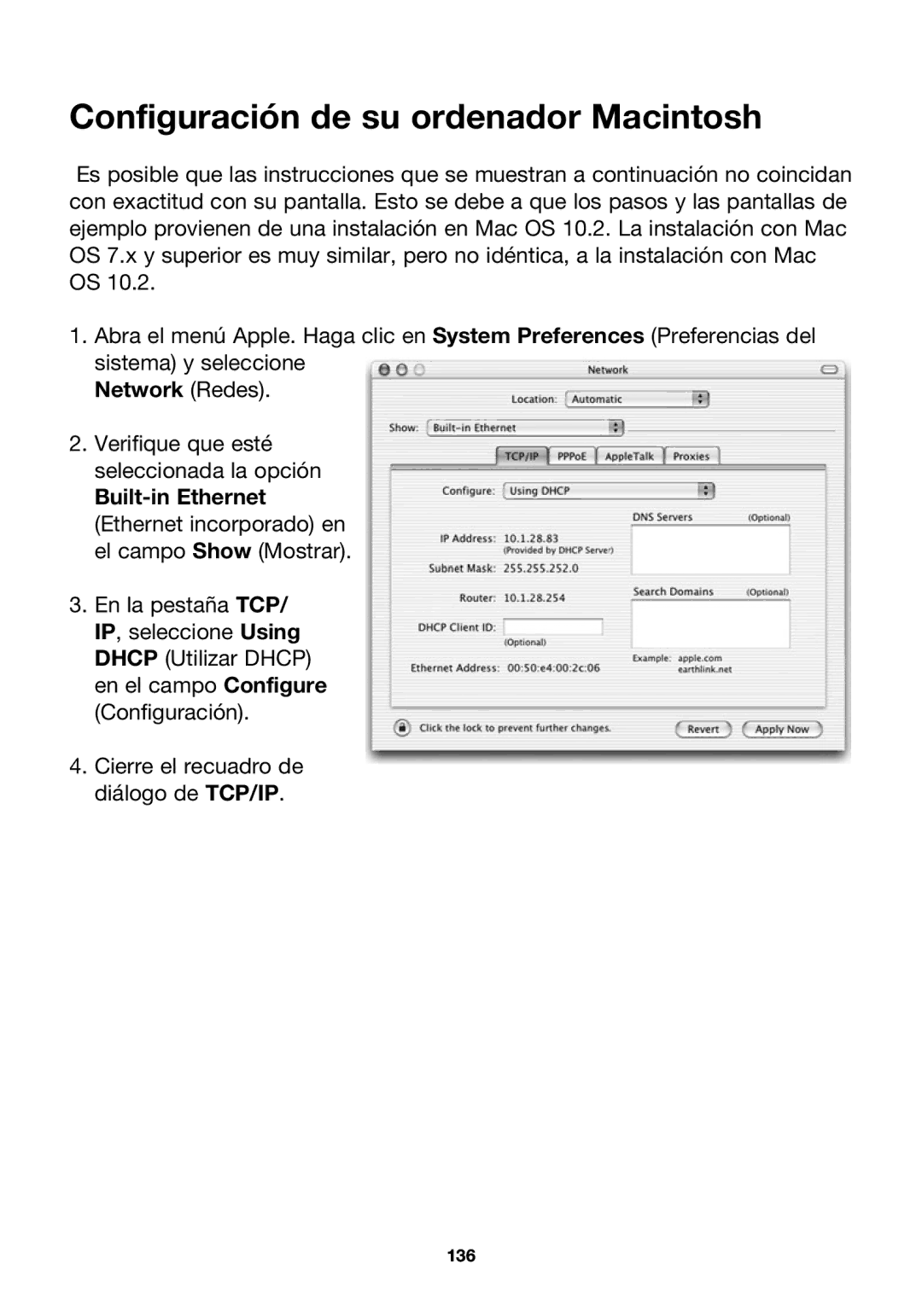 Belkin F5D7230ea4-E, P74847ea-A user manual Configuración de su ordenador Macintosh, Network Redes 