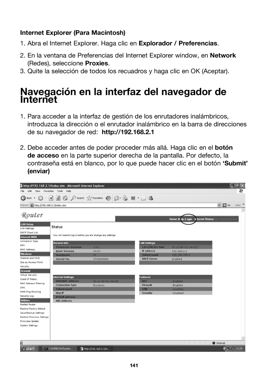 Belkin P74847ea-A, F5D7230ea4-E Navegación en la interfaz del navegador de Internet, Internet Explorer Para Macintosh 