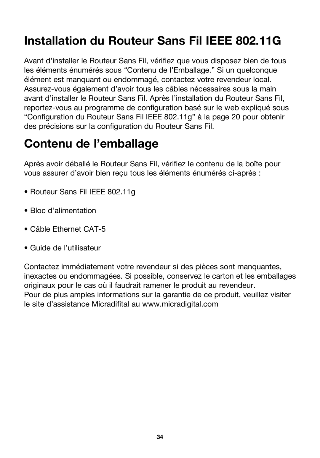 Belkin F5D7230ea4-E, P74847ea-A user manual Installation du Routeur Sans Fil Ieee 802.11G, Contenu de l’emballage 