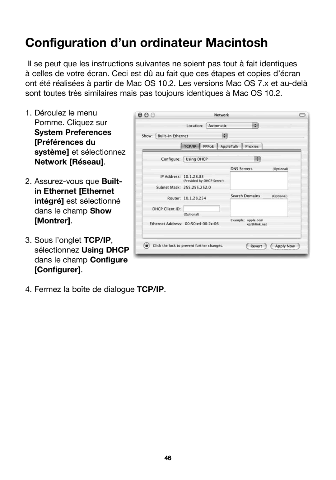 Belkin F5D7230ea4-E, P74847ea-A user manual Configuration d’un ordinateur Macintosh 