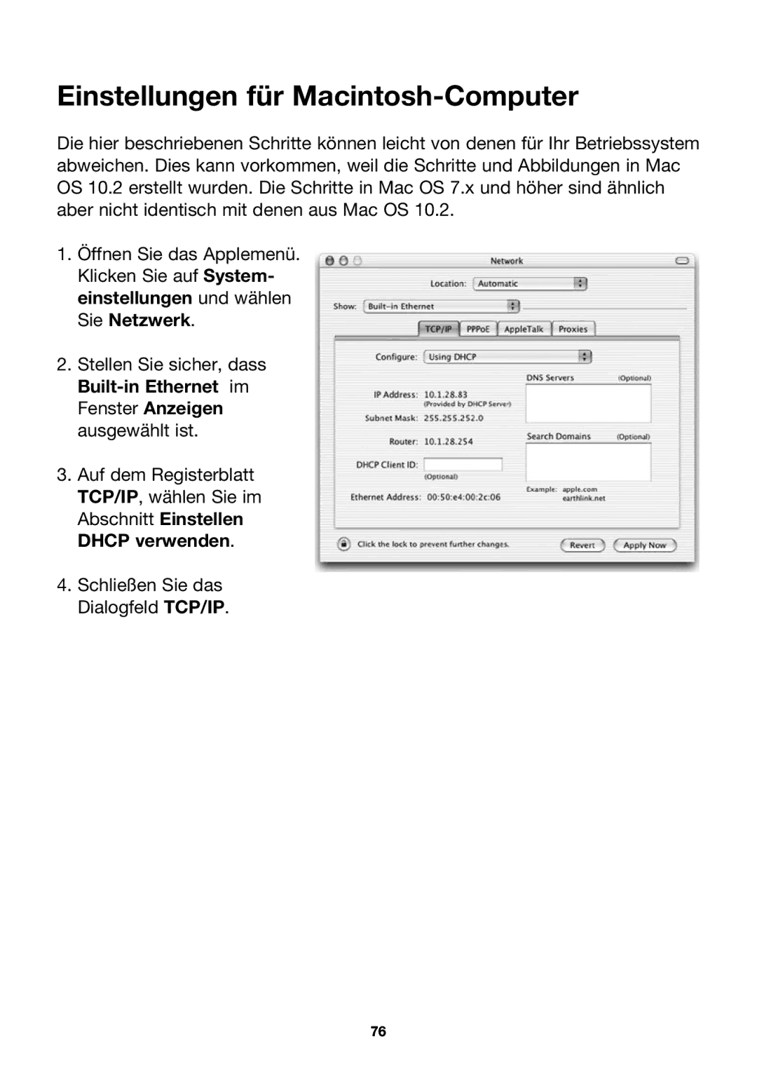 Belkin F5D7230ea4-E, P74847ea-A user manual Einstellungen für Macintosh-Computer 