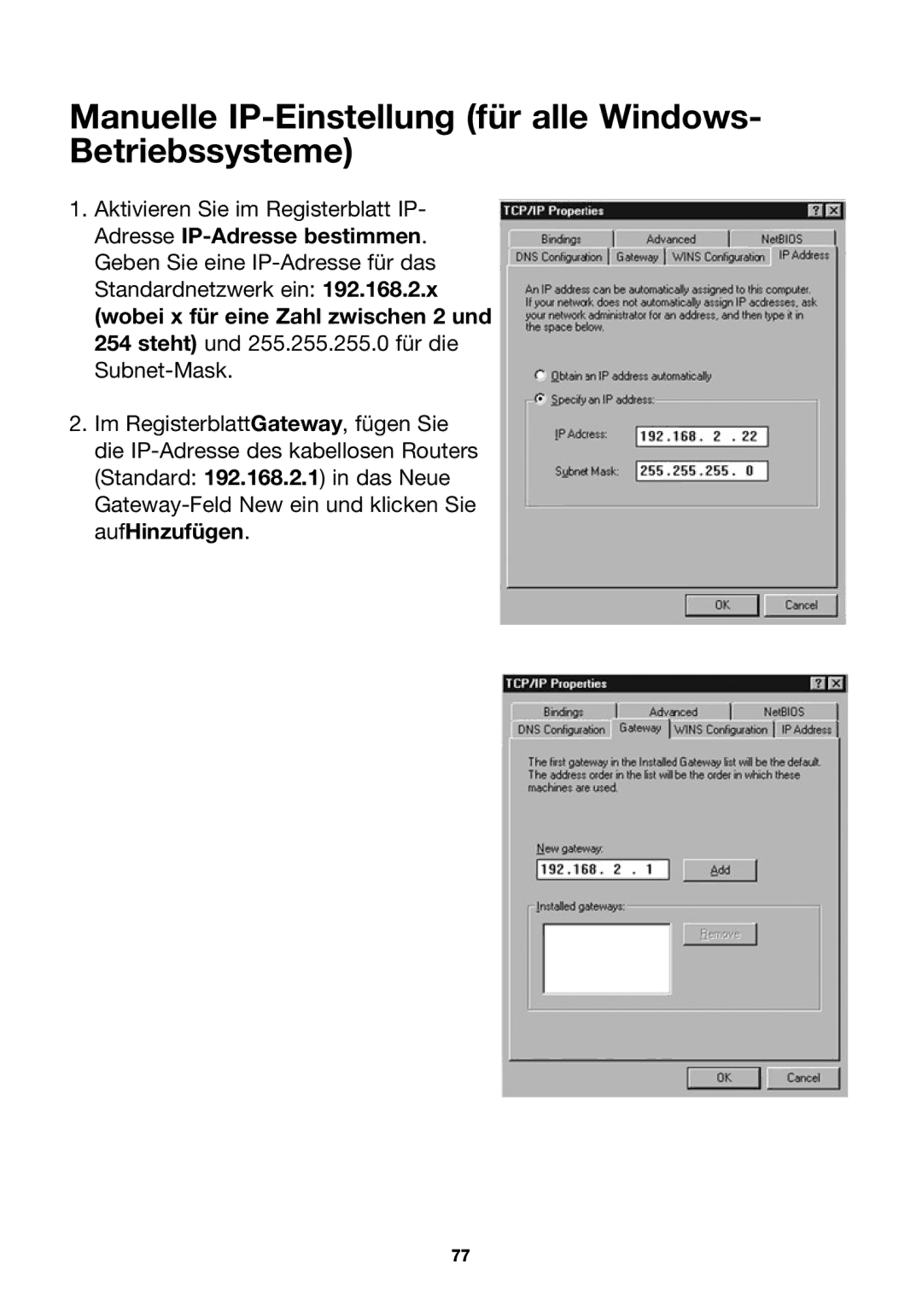 Belkin P74847ea-A, F5D7230ea4-E user manual Manuelle IP-Einstellung für alle Windows- Betriebssysteme 