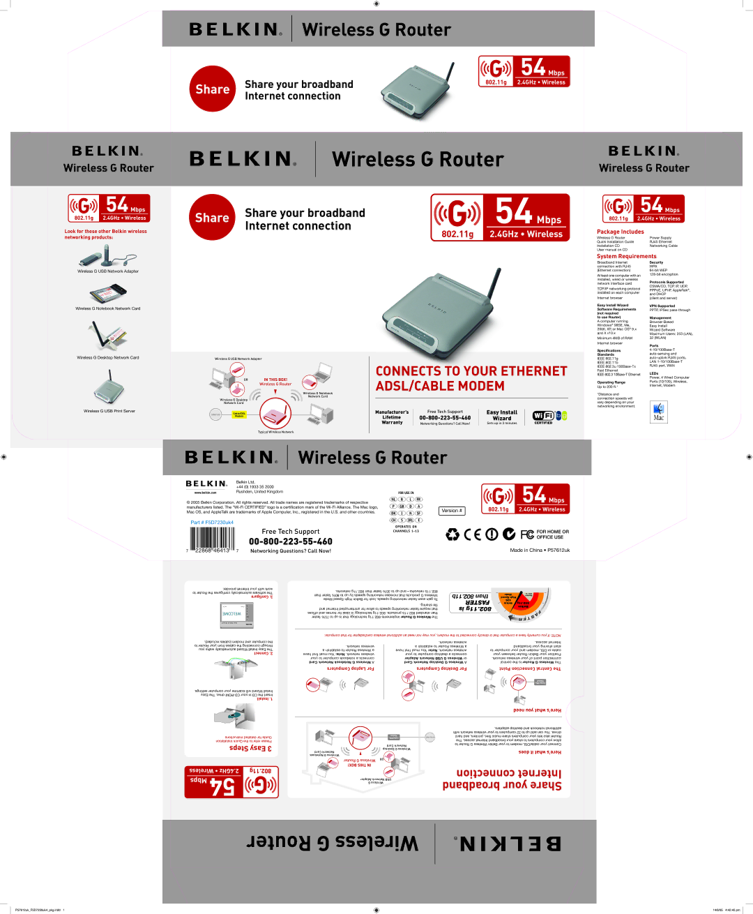 Belkin F5D7230UK4 warranty Package Includes, System Requirements 