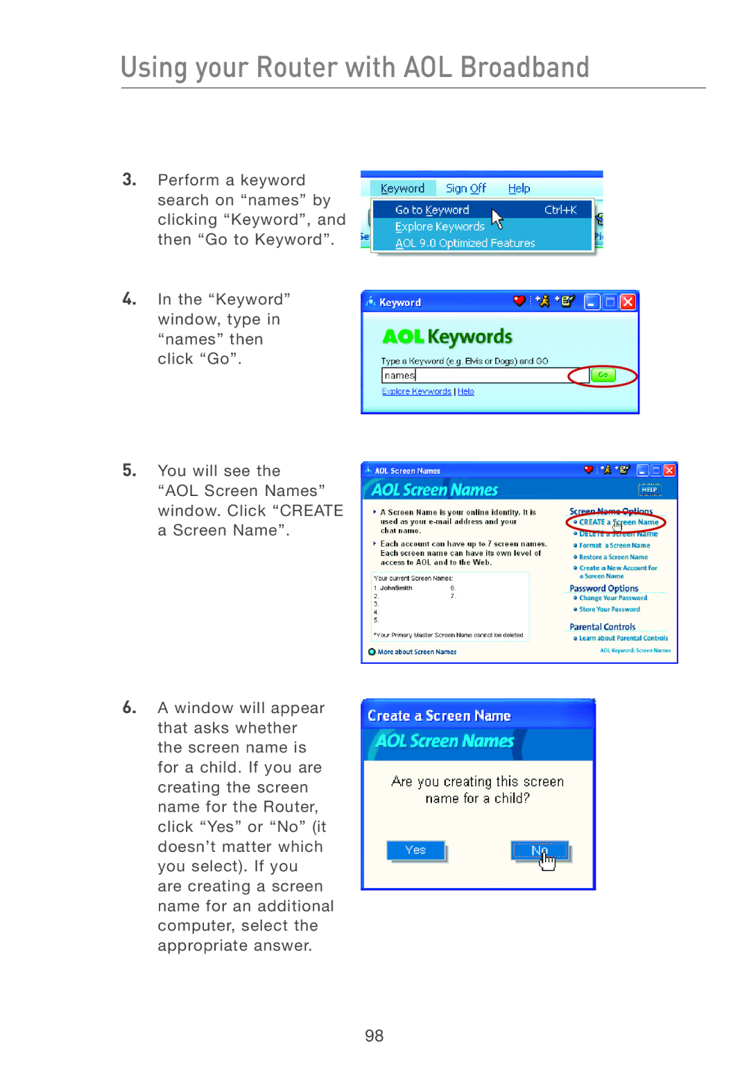 Belkin F5D7231-4 user manual Using your Router with AOL Broadband 