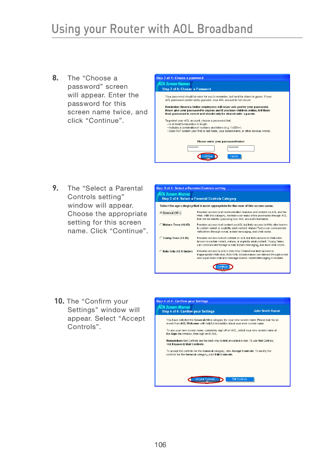 Belkin F5D7231-4 user manual Using your Router with AOL Broadband 