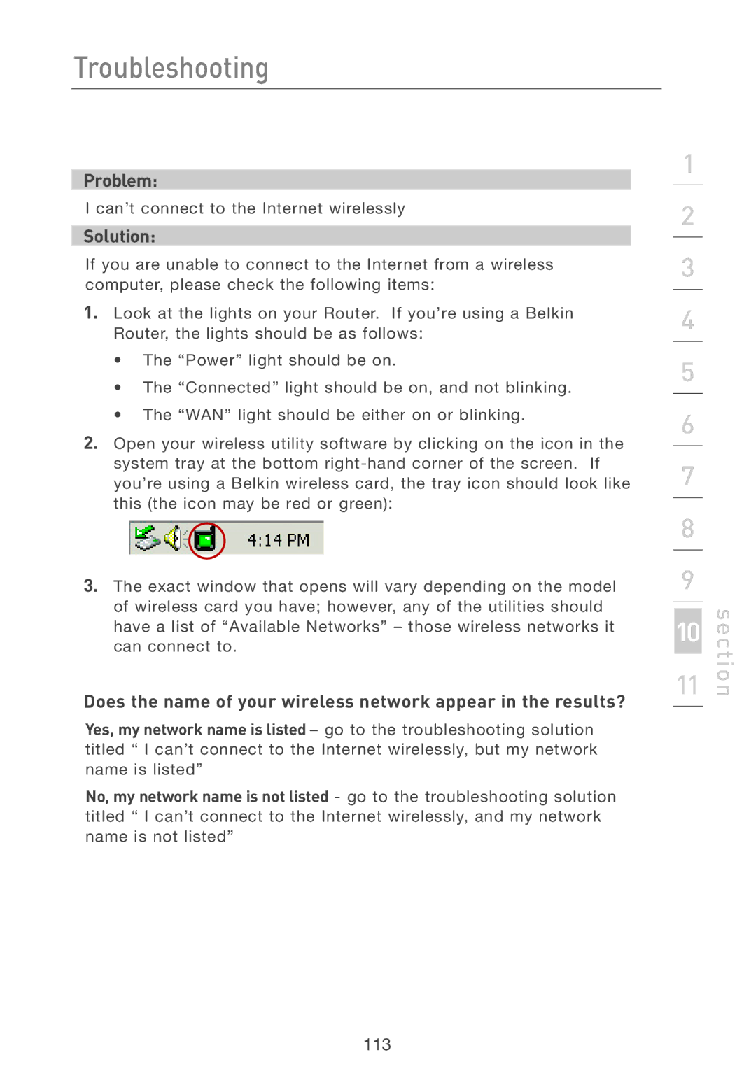 Belkin F5D7231-4 user manual Can’t connect to the Internet wirelessly 