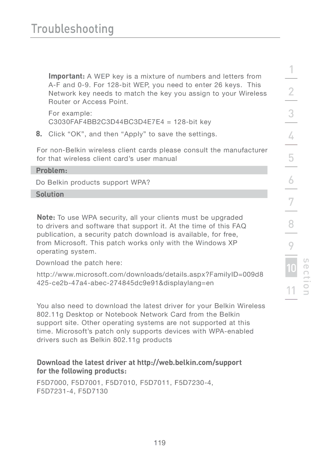 Belkin F5D7231-4 user manual Do Belkin products support WPA? 