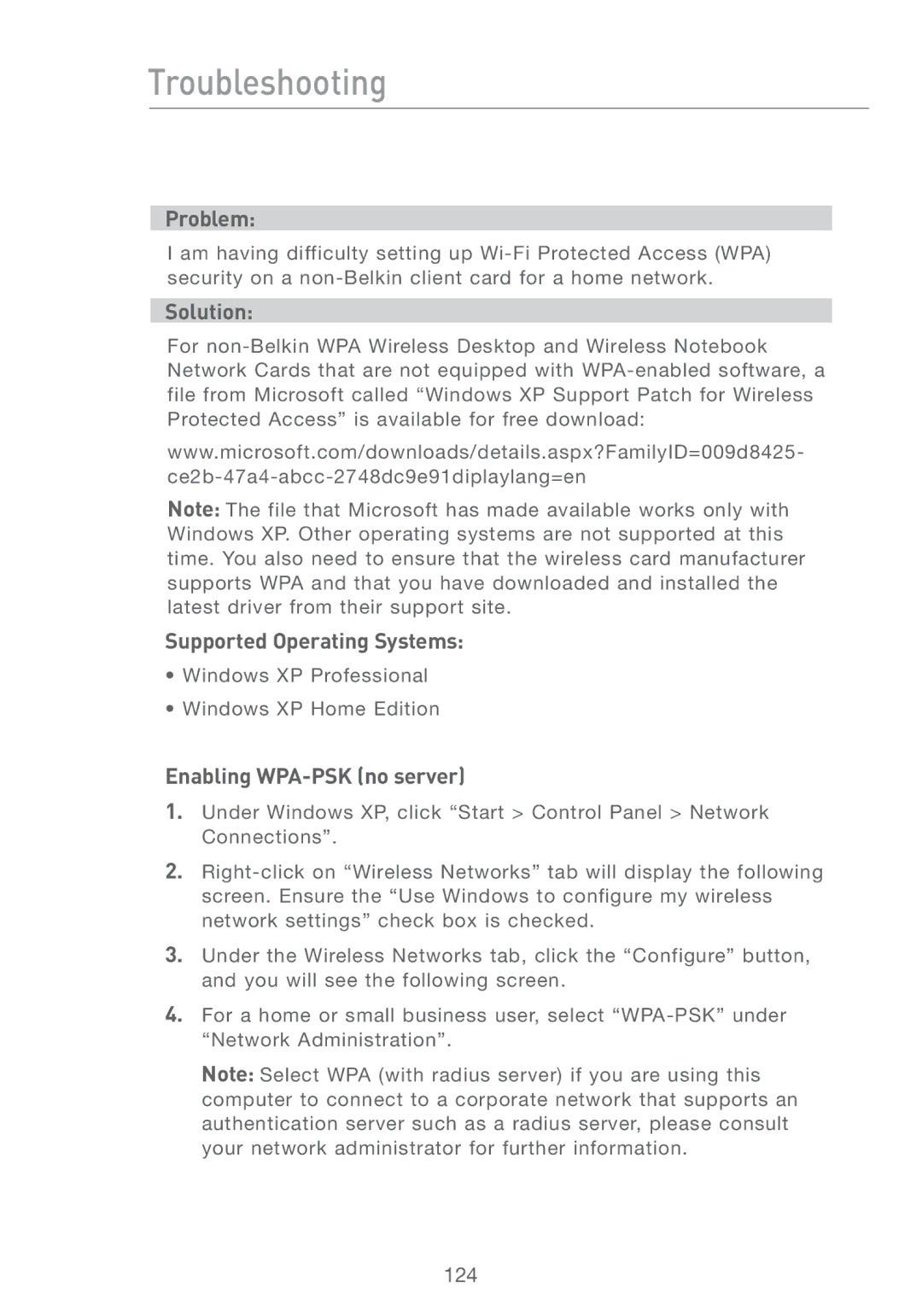 Belkin F5D7231-4 user manual Supported Operating Systems, Enabling WPA-PSK no server 