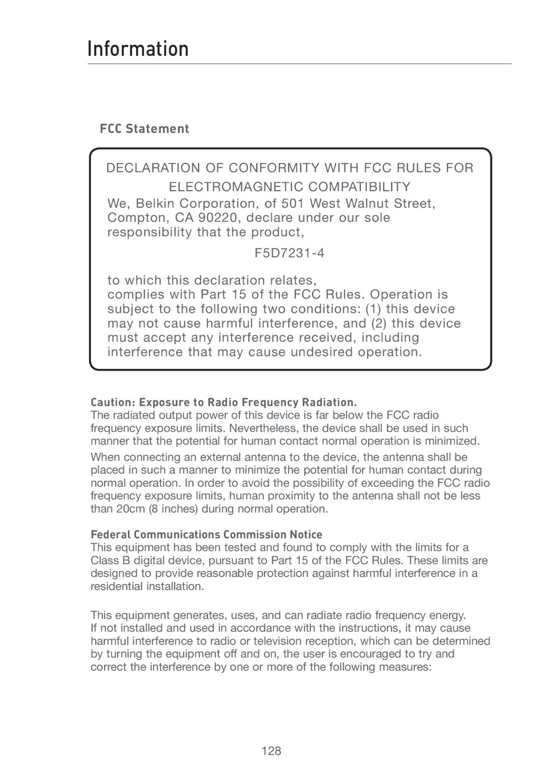 Belkin F5D7231-4 user manual Information, FCC Statement 