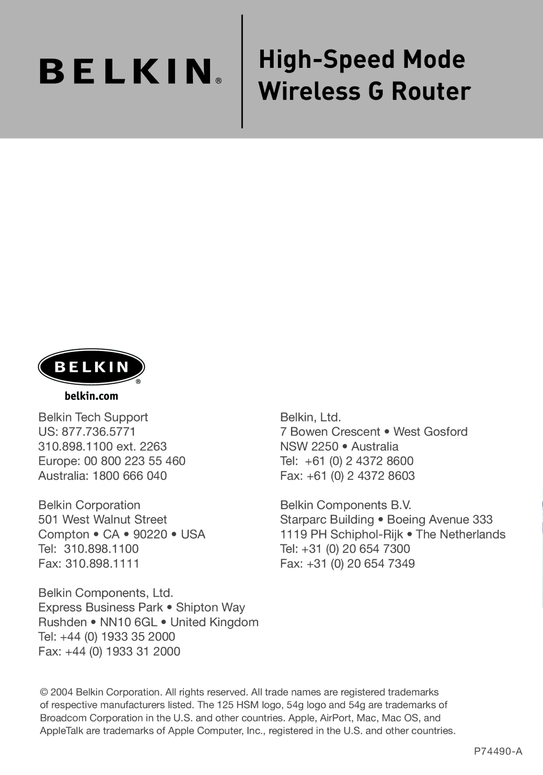 Belkin F5D7231-4 user manual High-Speed Mode Wireless G Router 