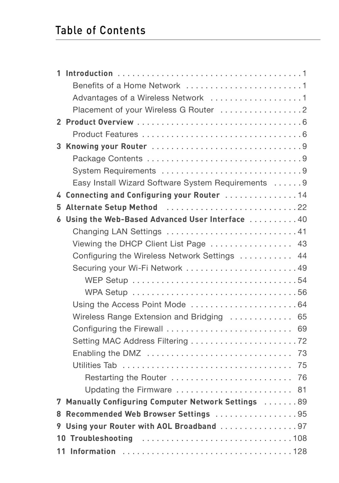 Belkin F5D7231-4 user manual Table of Contents 