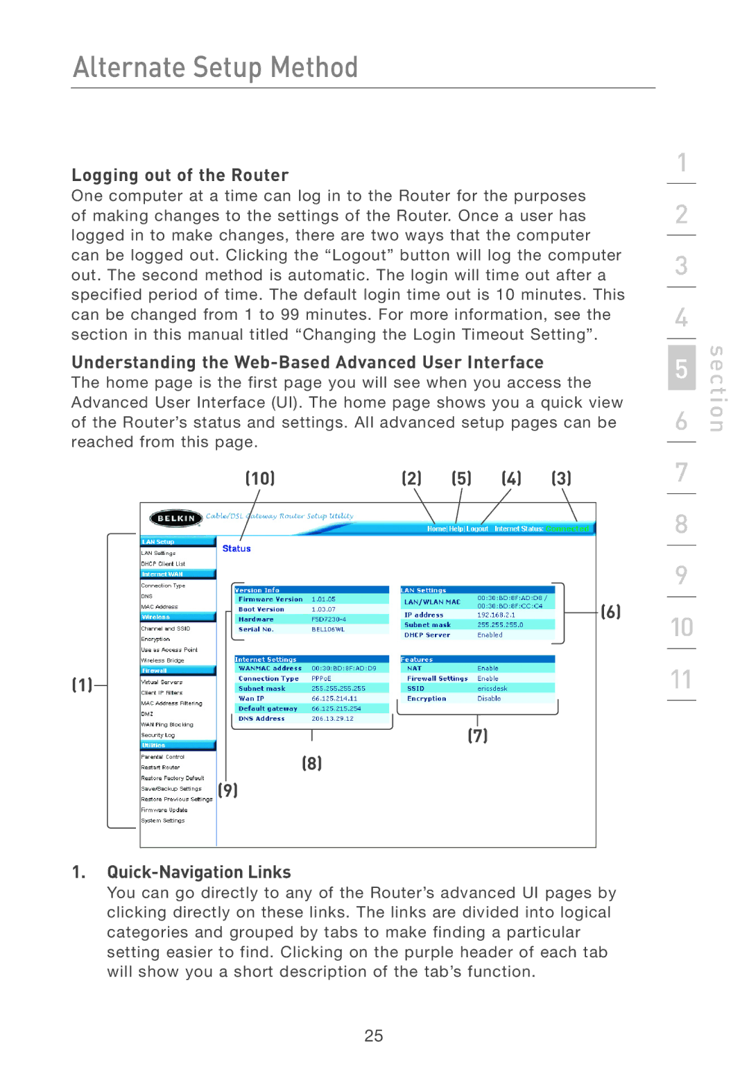 Belkin F5D7231-4 Logging out of the Router, Understanding the Web-Based Advanced User Interface, Quick-Navigation Links 