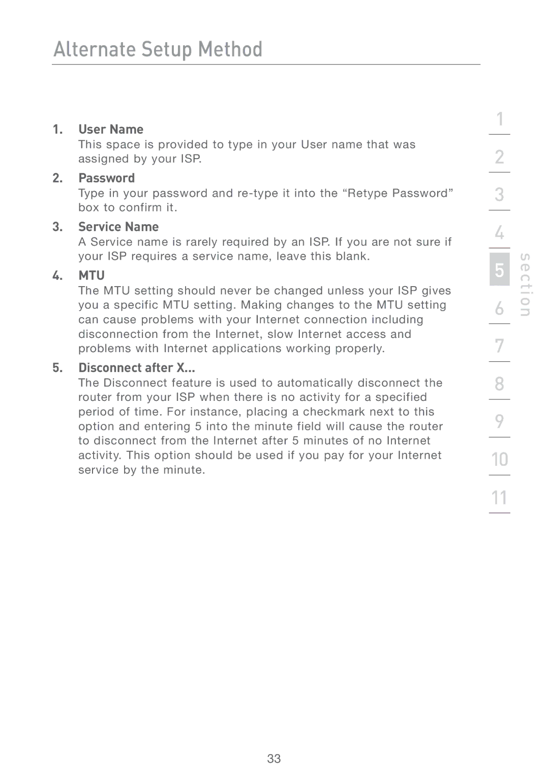 Belkin F5D7231-4 user manual User Name, Password, Service Name, Mtu, Disconnect after 