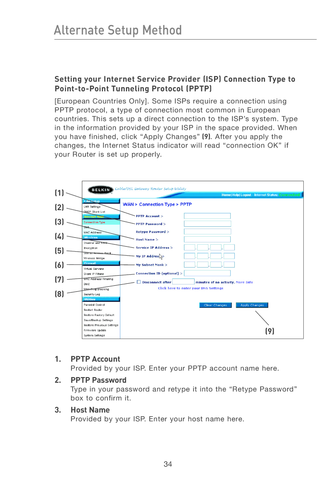 Belkin F5D7231-4 user manual Pptp Account, Pptp Password 