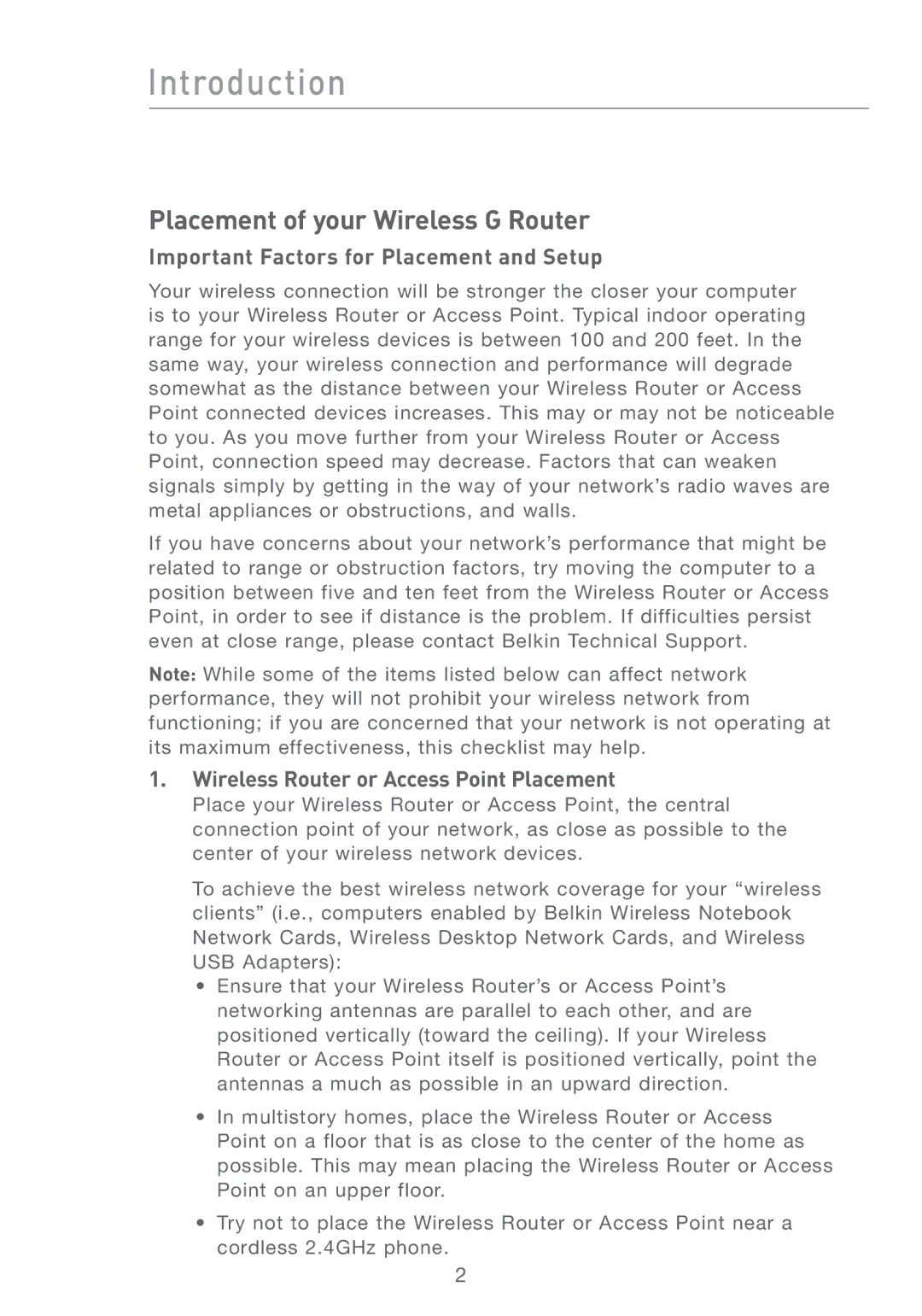 Belkin F5D7231-4 Introduction, Important Factors for Placement and Setup, Wireless Router or Access Point Placement 