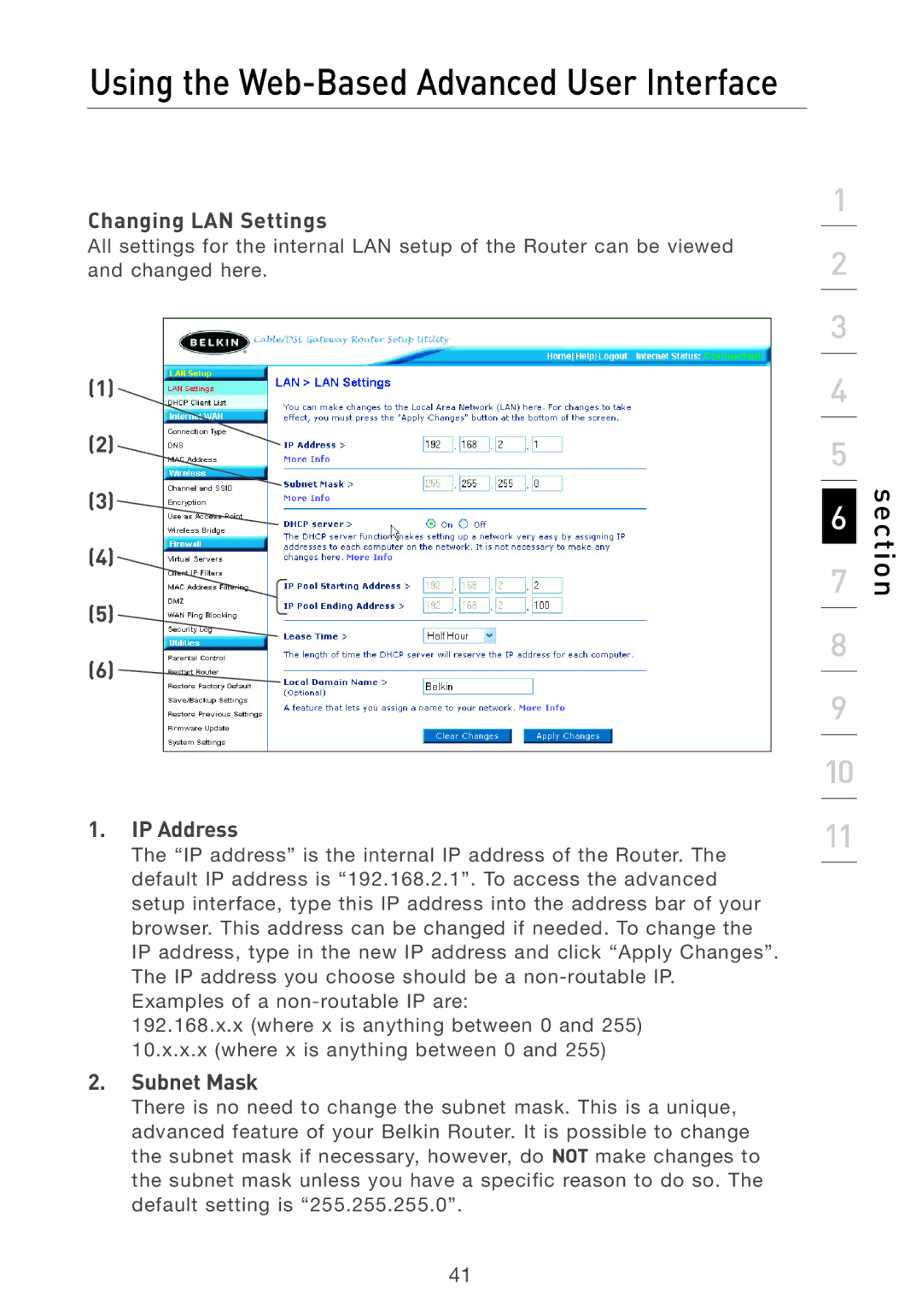 Belkin F5D7231-4 user manual Using the Web-Based Advanced User Interface, Changing LAN Settings 